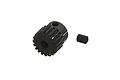 A black 19-tooth pinion gear with a set screw, shown against a plain white background.