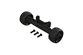 ARRMA RC wheelie bar assembly with two black wheels and three mounting screws on a white background.