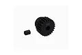 A black 23-tooth pinion gear and a small grub screw set against a plain white background.