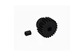 A black 24T pinion gear and a small grub screw isolated on a white background.
