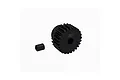A black 25T pinion gear and a small grub screw isolated against a white background.