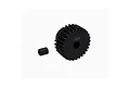 A black 28T pinion gear with a small grub screw on a white background.