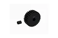 A black 30T pinion gear and a small grub screw isolated on a white background.