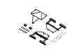 ARRMA Desert Truck black roll cage set including plastic frame components, small mounting blocks, screws, and metal wire clips on a white background.