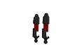 A pair of ARRMA RC shock absorbers with red bodies and black plastic caps and lower mounts against a white background.