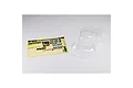 An unpainted clear polycarbonate body shell for the ARRMA Mojave Grom RC car, shown alongside a sheet of decals on a white background.
