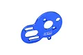 A blue anodized aluminium motor plate for RC cars by GPM Racing, featuring multiple mounting holes and slots.