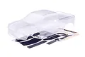 A clear, unpainted Traxxas Ford Raptor R RC truck body shell with a decal sheet included on a white background.