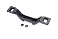 A black plastic Traxxas front clipless body mount component with two small matching plastic washers on a white background.