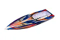 Top-down view of a Traxxas Spartan RC boat hull in orange, blue, and white racing livery against a white background.