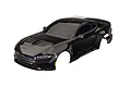A black painted Ford Mustang RC car body shell for 1/10 scale vehicles, shown from a high angle against a white background.