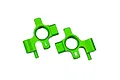 A pair of bright green anodized aluminium steering hubs for an RC car, marked with L and R for left and right orientation.