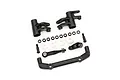 Traxxas steering bell crank and drag link assembly parts including plastic arms, metal screws, and washers on a white background.