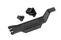 Traxxas battery hold down plate and associated plastic mounting components on a white background.