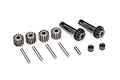 A set of Traxxas differential planetary gears, including small gears, shafts, and bushings on a white background.