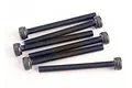 A group of six black metal cap head screws arranged on a white background.