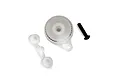 Traxxas servo saver assembly with white plastic adapters and a black metal screw on a white background.