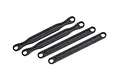 Four black plastic suspension links for Traxxas RC vehicles arranged diagonally on a white background.