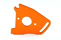 An orange anodized aluminium motor mount plate for Traxxas RC vehicles, shown against a plain white background.
