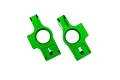 Two bright green anodized aluminum stub axle carriers for Traxxas RC vehicles, marked with L and R for left and right sides.