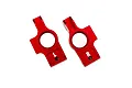 Two red anodized aluminum stub axle carriers for Traxxas RC vehicles, marked with L and R for left and right sides.