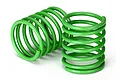 Two bright green coil-over shock springs for an RC car, positioned on a white background.