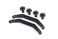 Two black plastic body mount braces and four black body posts for Traxxas RC vehicles on a white background.