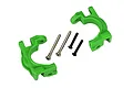 Two bright green Traxxas heavy duty caster blocks with two silver hinge pins and two black screws on a white background.