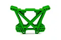 A bright green Traxxas rear shock tower made of molded plastic, shown against a plain white background.