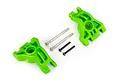 A pair of bright green Traxxas heavy duty rear sub axle carriers with included metal hinge pins and screws on a white background.