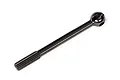 A single black metal CVD half driveshaft for an RC car, featuring a splined end and a ball joint end.