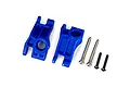 A pair of blue Traxxas Extreme Heavy Duty rear stub axle carriers with included mounting hardware on a white background.