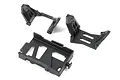 Traxxas black plastic shock mounts and battery tray components for RC vehicles on a white background.