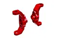 A pair of bright red anodized aluminium C-hub carriers for Traxxas RC vehicles, shown against a plain white background.