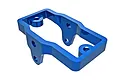 A blue anodized aluminium servo mount for Traxxas RC vehicles, shown from a high-angle perspective against a white background.