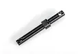 A black metal transmission output shaft for a Traxxas RC vehicle, featuring a central collar and cross-drilled holes at both ends.