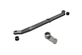 Traxxas grey aluminium steering link and servo horn set with two small black bushings on a white background.