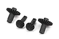 Four black plastic RC differential gears, including two larger ring gears and two smaller pinion gears, isolated on a white background.