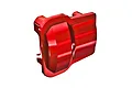 A bright red anodized aluminium differential cover for Traxxas RC vehicles, shown from an angled perspective against a white background.