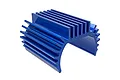 A blue anodized aluminium motor heatsink with cooling fins, designed for RC car motors.