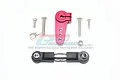 A red GPM Racing 15T aluminium servo horn, a black and silver adjustable tie rod, and various mounting screws and hardware on a white background.
