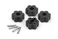 Four black plastic wheel hex adapters and four small metal pins for RC cars, arranged on a white background.