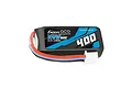 A Gens Ace 7.4V 400mAh 60C LiPo battery with a black soft case and JST connector against a white background.