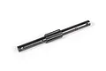 A black metal outdrive shaft for an RC vehicle, featuring a splined center section and cross-drilled holes at both ends.