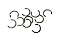 A collection of ten small, dark grey metal C-clips scattered on a white background.