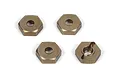 Four gold-coloured aluminium 12mm RC wheel hex adapters arranged on a white background.