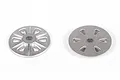 Two silver metal slipper clutch plates for an RC car, shown from different angles on a white background.