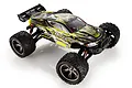 Xinlehong 9116X Racer V2 1/12 scale RC truggy in black and yellow livery with off-road tires and rear spoiler on a white background.