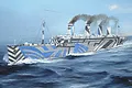 An artistic illustration of the Olympic ocean liner in dazzle camouflage sailing on the ocean.