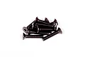 A small pile of black metal countersunk hex head screws on a white background.